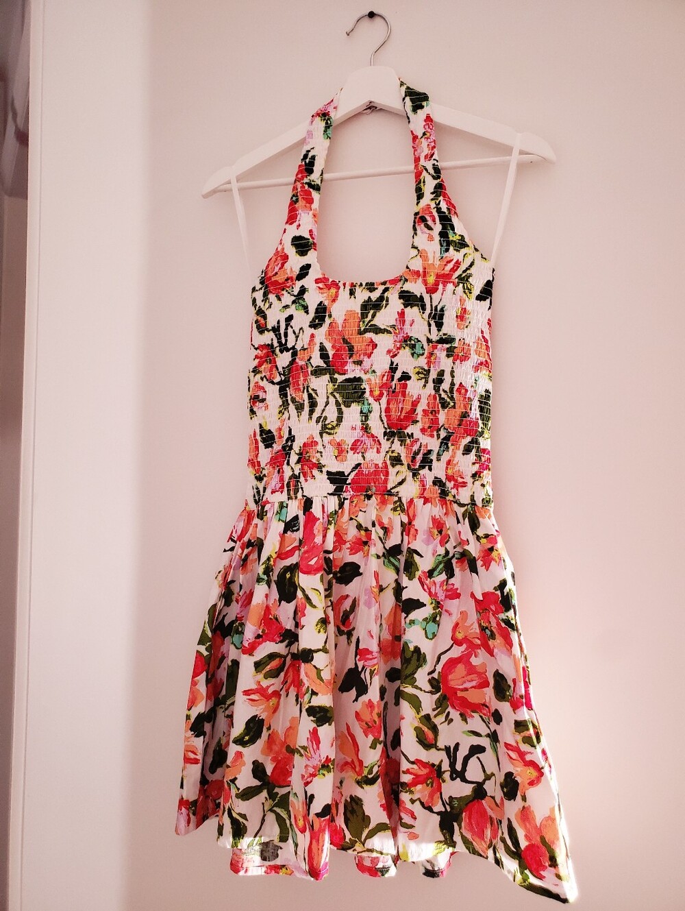 Floral Halter Summer Dress Pink & Green Print